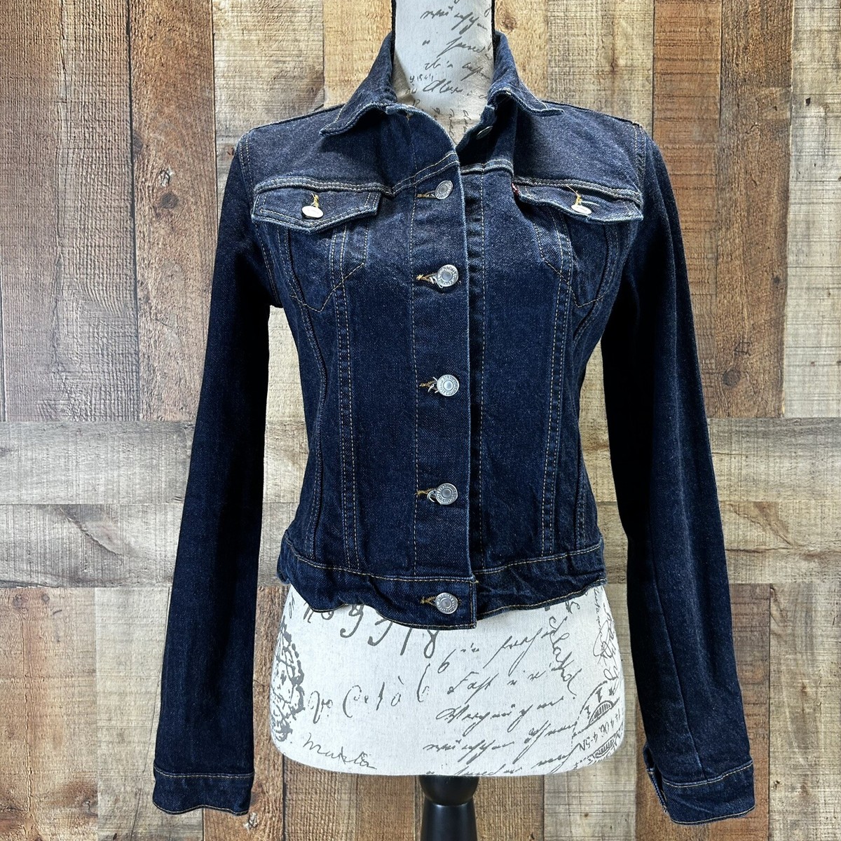 VTG Levi’s 80s Cropped Denim Jean Jacket Dark Wash Red Tab Long Sleeve Size  S