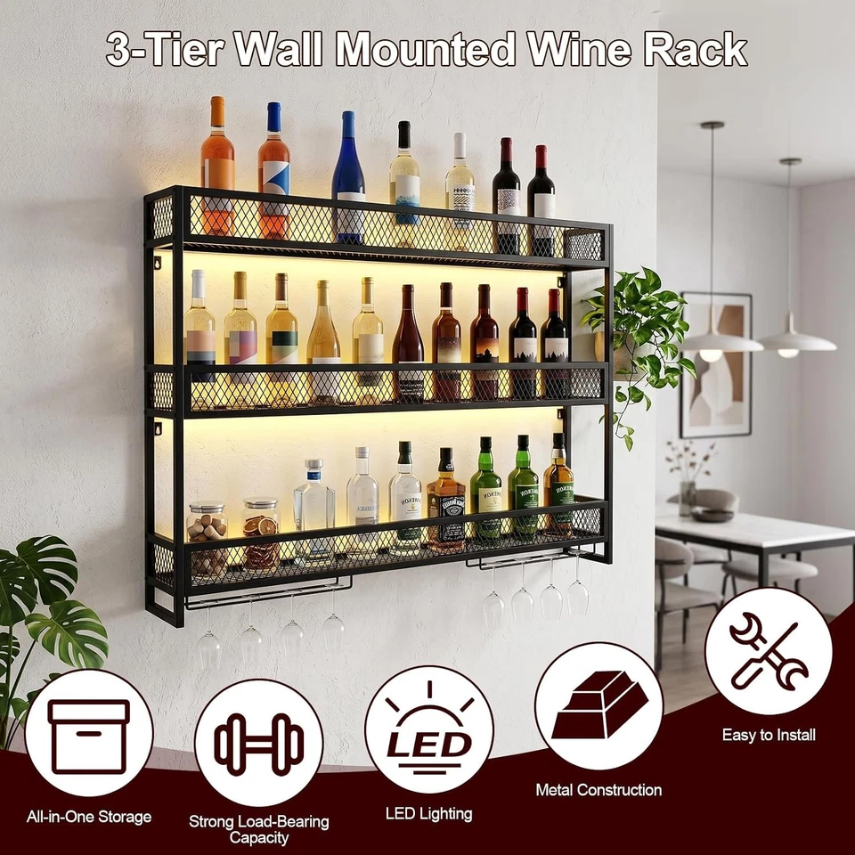 Weinregal Wandmontage 3-stöckig Metall Schwarz 100×15×90 cm für Küche Bar - Bild 2 von 4
