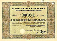 Lot 10 x SCHÜCHTERMANN & KREMER BAUM DORTMUND hist. 1000 Aktie 1936 Bergbau NRW