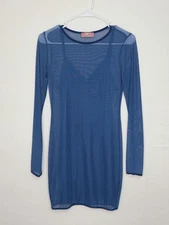 LUX LA Blue Mesh Overlay Dress Set Slip Dress Long Sleeve Medium Stretch USA)E17