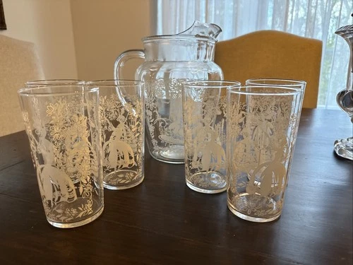 VTG Anchor Hocking Southern Belle Glass Pitcher & 6  Matching Glasses 1950’s Era