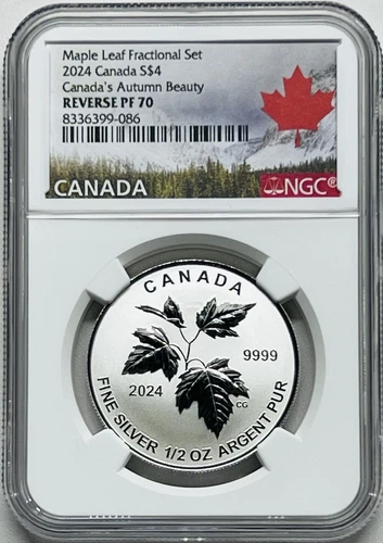 2024 $4 CANADA SILVER REVERSE PROOF MAPLE LEAF AUTUMN BEAUTY 1/2 OZ NGC REV PF70