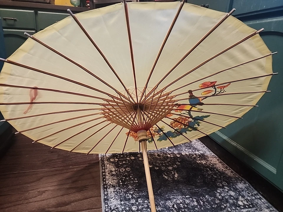 vintage Hand Painted Parasol Bamboo Umbrella - Image 3 of 4