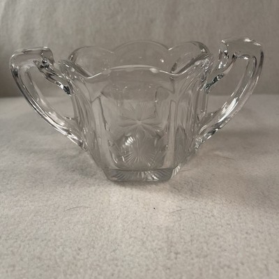 Vtg Heavy Glass Double Handle Sugar Bowl W/ Floral Etching Scallop Rim