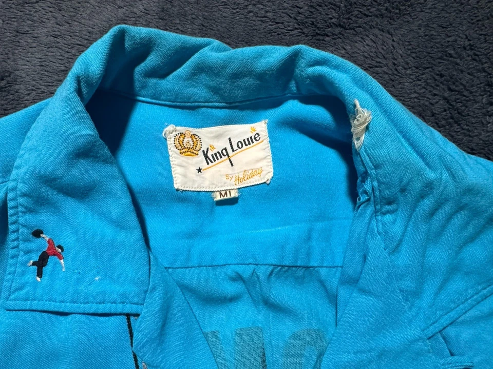 Camisa de boliche bordada azul mediana vintage años 50 KING LOUIE EE. UU. para hombre Foto 2 de 4