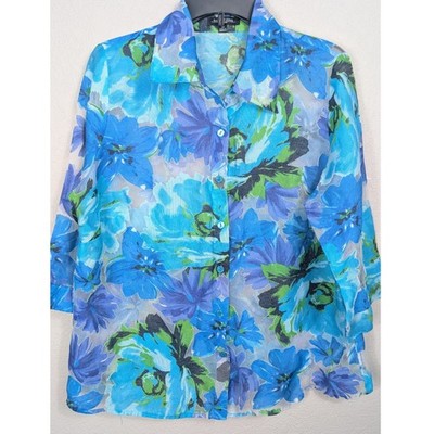 Notations Woman 1X Floral Button Up Blouse Shirt Blue Green Sheer Top