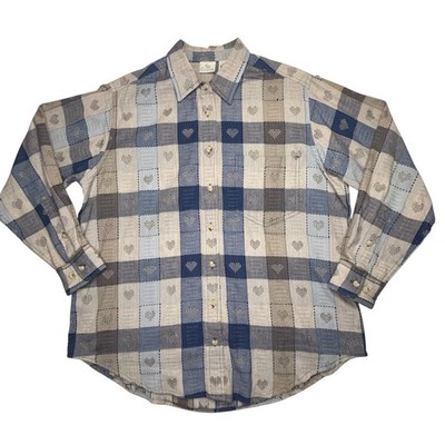 Cascade Blues Vintage Heart Print Shirt Womens XL Cottagecore Patchwork Cotton