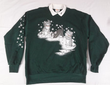 VINTAGE 90S KITTEN PLAYING IN SNOWFLAKES CATS GREEN XLWOMENS SWEATER L723