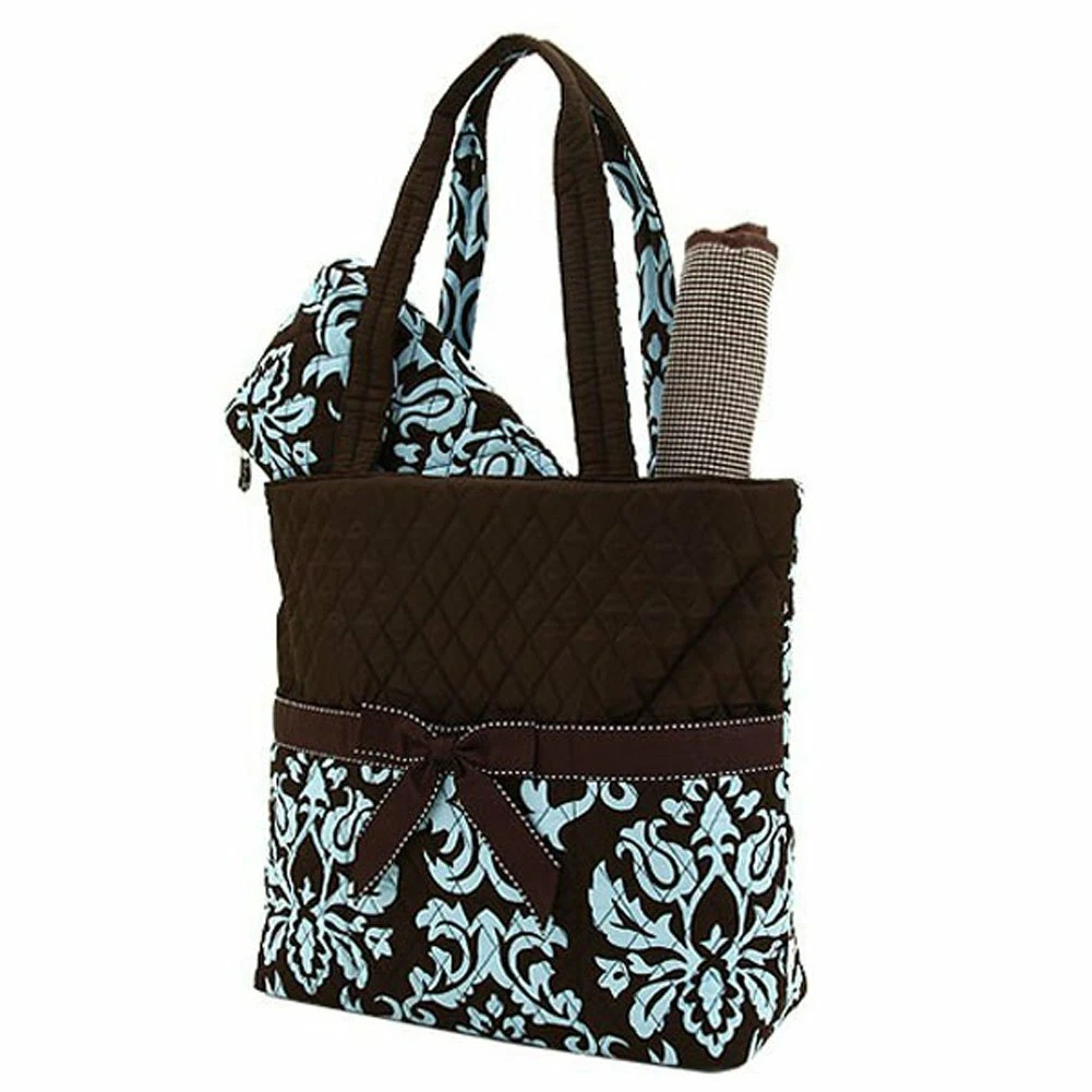 Quilted Damask Diaper Bag Brown Blue Changing Pad Zippered Pouch 3 Piece Set NWT