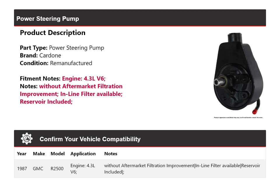 Bomba de dirección asistida Cardone GMC R2500 1987 4,3 L V6 Foto 2 de 4