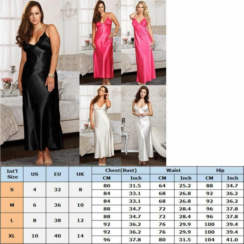 女士缎面长睡衣丝绸蕾丝内衣睡衣睡衣 3 色  — 第 3/4 张图片