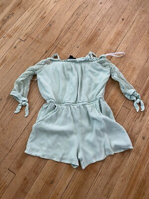 Girl 10-12 Amy Byer Romper Teal Lace Detail Shorts Pockets Adjustable Straps