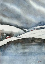 Original painting Watercolor Landscape winter blue Lake red house Cozy houses