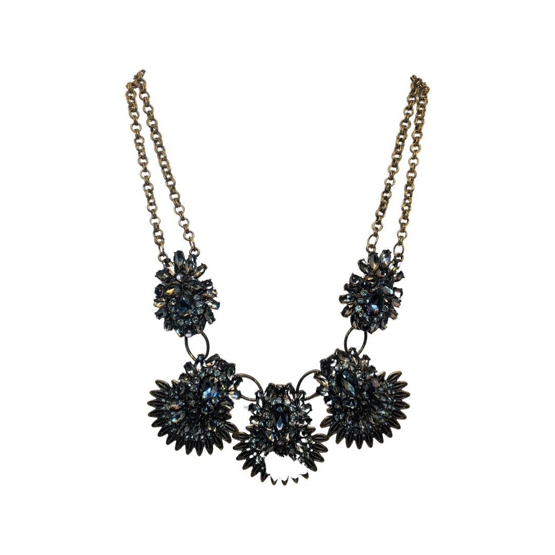 Gray Rhinestone Necklace Flower Statement  22” Go… - image 4