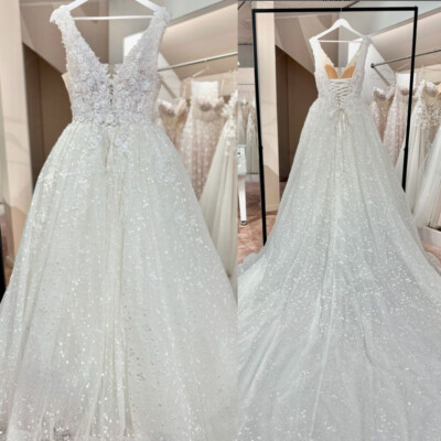 Sparkly White Ivory Wedding Dresses Lace Appliques A Line Bohemain Bridal Gowns