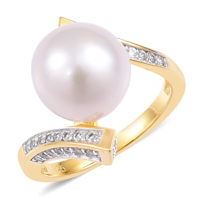 Edison Pearl (10.5-11 mm), Zircon 14K YG Over Sterling Silver Ring sz 10  .53cts