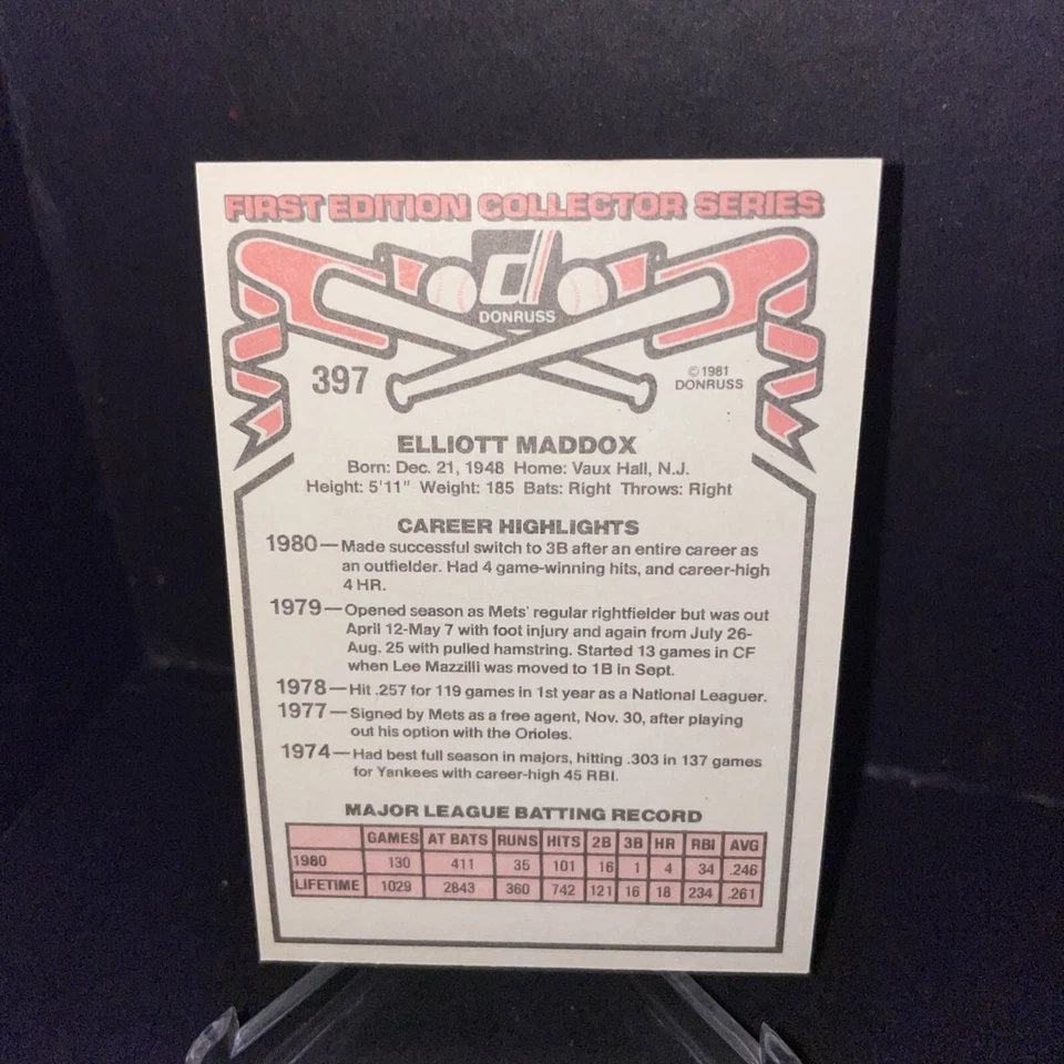 Elliott Maddox (Mets) - 1981 Donruss #397 - Image 4 of 4