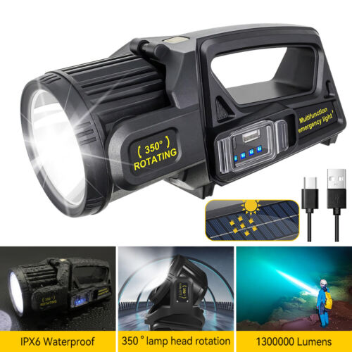 1300000 Lumen Rechargeable Flashlight Solar LED Spotlight 350° Rotate Waterproof