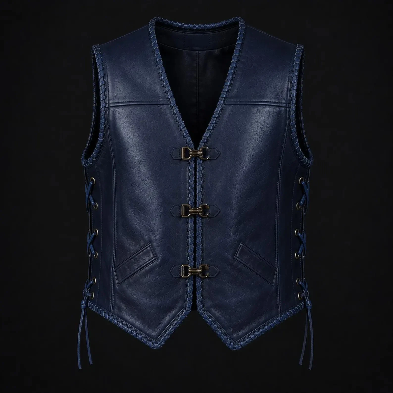 Men's Real Navy Blue Lambskin Leather Biker Vest Lace Up Sides Western Vest