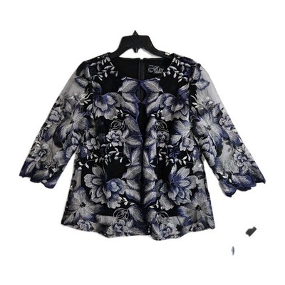 Alex Evenings Women's Top Blouse Twinset Size MP Embroidered Blue Black Mesh 40