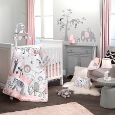 Lambs Ivy Happy Jungle Pink/White Safari Nursery 5-Piece Crib Bedding Set