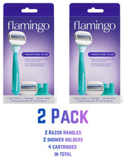2 X Flamingo Moisture Plus Women's Razor with 2 Razor Blade Cartridges - Seafoam