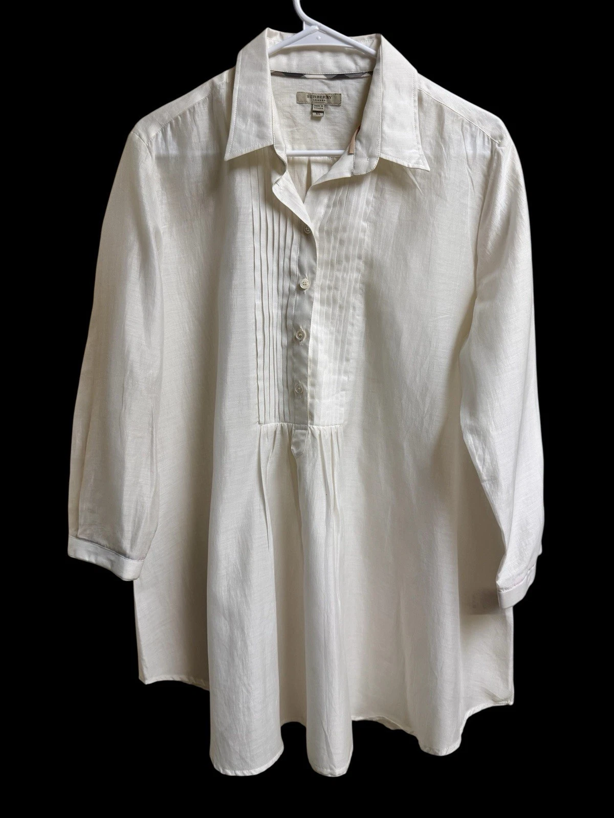 Camicia abito tunica bianca Burberry London XL cotone misto seta plissettata