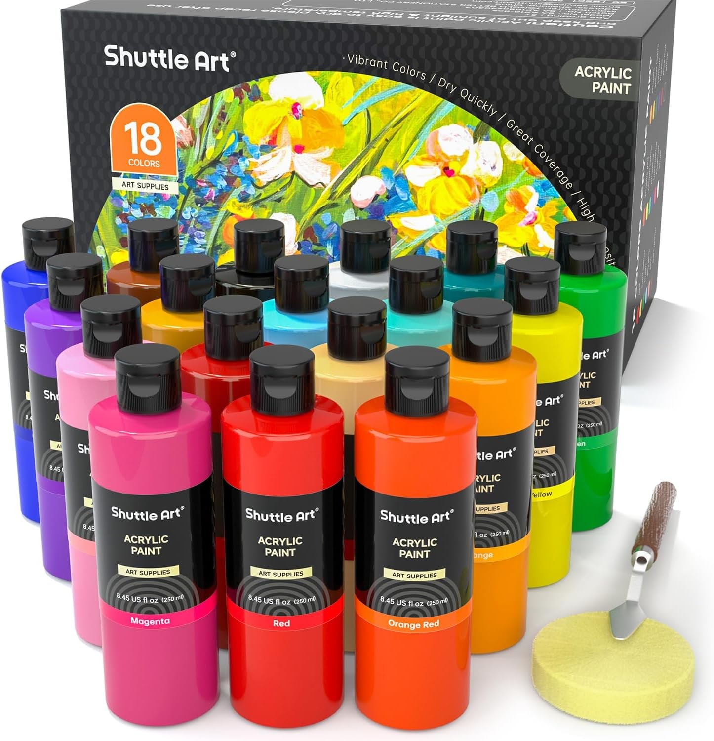 Shuttle Art Acrylic Paint, 18 Colours Acrylic Paint Bottle Set (250ml/8.45oz),