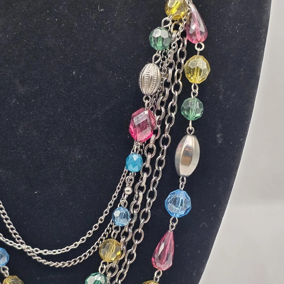 Womens Multi Strand Silver Tone Multicolor Crystal Beaded Layered Necklace 42" - Image 3 of 4