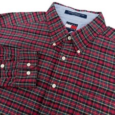 Vintage Tommy Hilfiger Shirt Mens XL Red Tartan Plaid Long Sleeve Crest Preppy