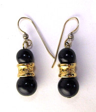 Vintage Liz Claiborne Earrings Black Bead & Gold Pierced French Hook Drop