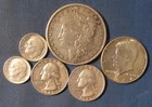 LOT 6 US SILVER COINS 1881 MORGAN SILVER DOLLAR 1964 HALF $ 2 QUARTERS ++