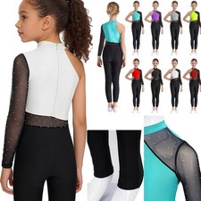 Girls Gymnastic Leotard One Shoulder Long Sleeve Figure Skating Unitard Bodysuit