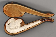 Large Antique 20thC Contemporary Hand-Carved Dragon Meerschaum Pipe & Case, NR