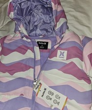 Hurley Girls Puffer Jacket Hooded Zip Purple Pink White Abstract Size 5