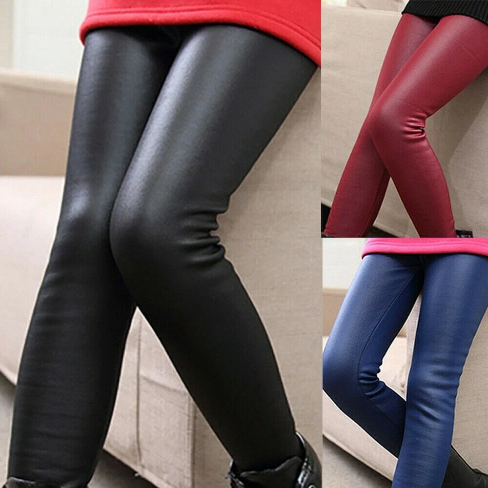 Kids Girls PU Leather Leggings Pants Winter Thermal Fleece Lined