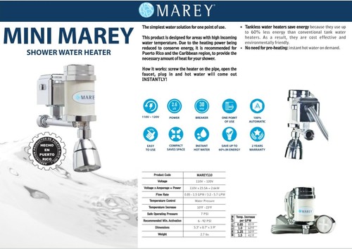 NEW MAREY HOME COMPACT TANKLESS SHOWER WATER HEATER MINI MAREY 110V 2.6KW - Picture 7 of 12