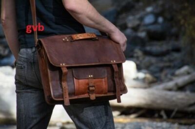 Vintage Goat Leather Men's Briefcase Shoulder Bag Messenger Bags Laptop Case New