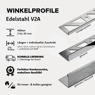 Fliesenschiene Fliesenprofil Edelstahl V2A Winkel L-Profil 16Höhen L1,0 m/100 cm