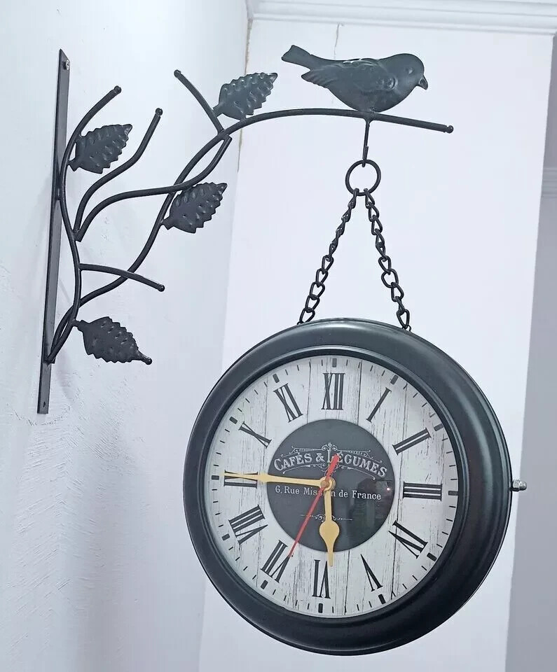 Double Sided Bird Wall Clock Retro Train Station Patio Garden French Café clock