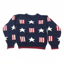 VTG Old Glory Knit Crewneck Pullover Sweater Youth 10/12 Blue Stars  Stripes