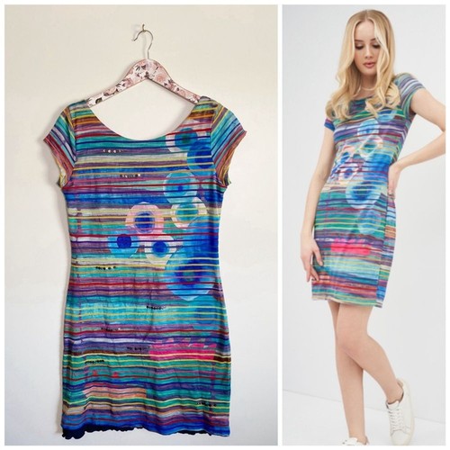 DESIGUAL Blue Striped & Floral Bodycon Short Sleeve Dress! Women’s Large