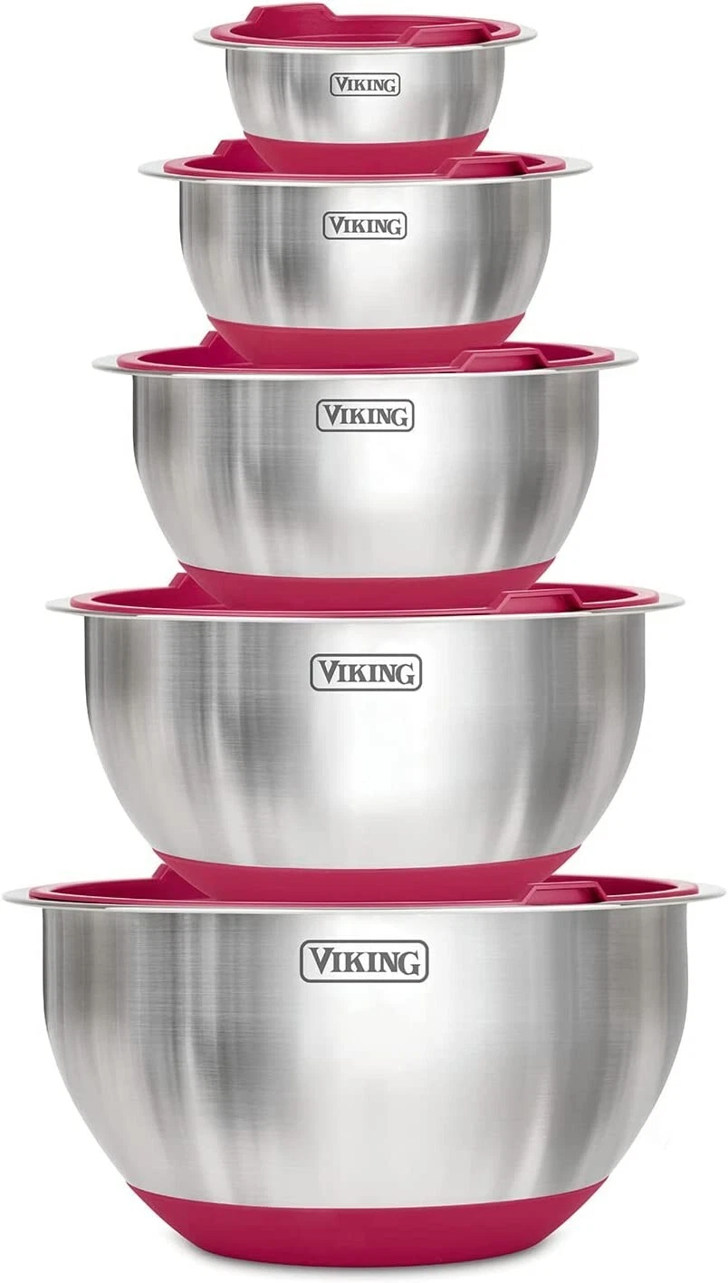 Viking 10-Piece Stainless Steel Mixing Bowl Set Prep and Serving Bowl Set, Red