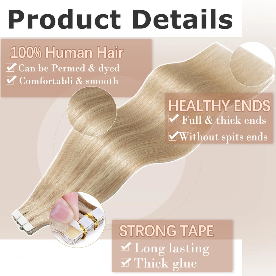 Thick Tape In Remy Real Human Hair Extensions Skin Weft Full Head Balayage/Ombre - Image 3 of 4