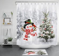 Winter Cute Cardinals Snowman Xmas Tree Shower Curtain Bathroom Accessories Set