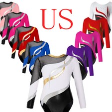 Girls Gymnastics Leotards Sparkly Bodysuit Long Sleeves Ballet Dance Outfit