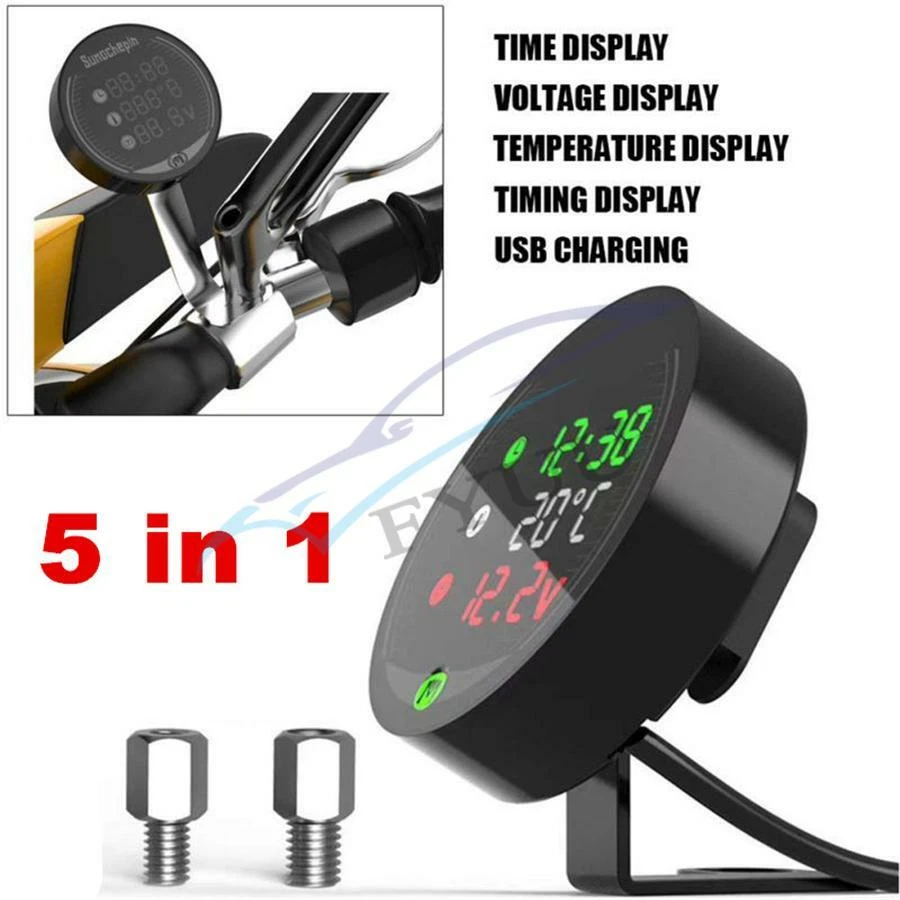 9-24V 5in1 LED Motorcycle Thermometer Voltmeter Clock Timing Display USB Charger - Image 2 of 4
