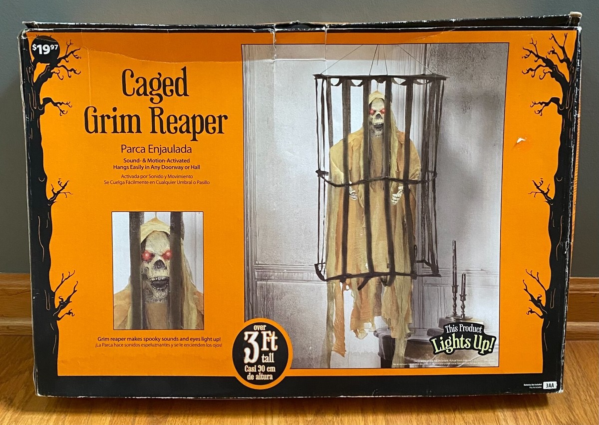 Gemmy Halloween Hanging Caged Grim Reaper Light Sound Motion