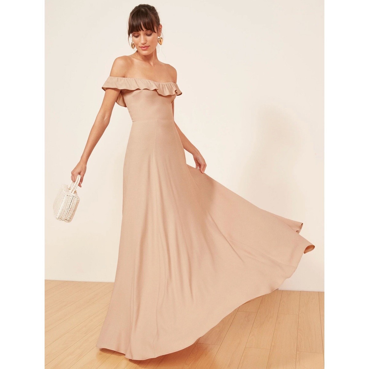 Reformation Women's Pink Blush Verbena Off Shoulder Ruffle Maxi