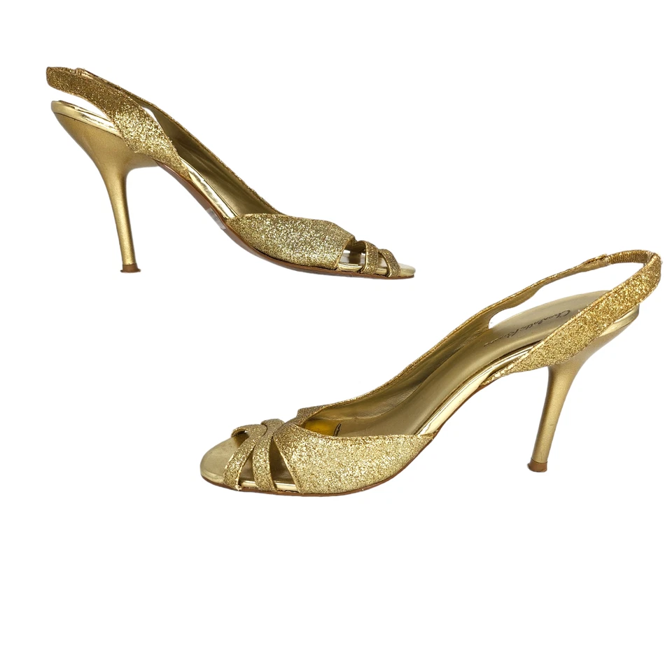 Tacones Charlotte Russe 6 dorados brillantes gatito graduación tiras noche Foto 2 de 4